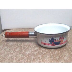 Vintage betty Crocker Enamel Sauce pan white printed 1 qt wood handle HTF RARE